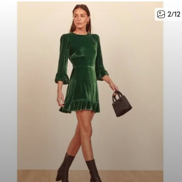 NWOT Reformation Mountain Emerald Green Velvet Mini Ruffle Holiday Dress, - Picture 3 of 14